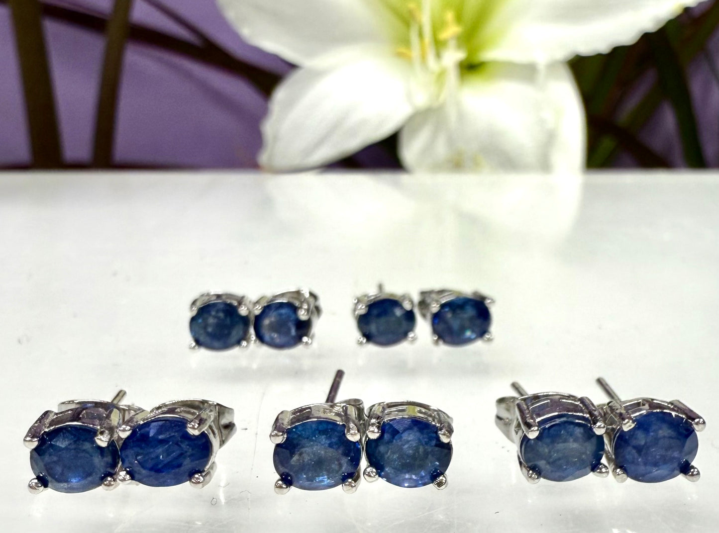 Wholesale Lot 5 Pairs Natural Sapphire Sterling Silver(925) Earring Studs 7x9mm