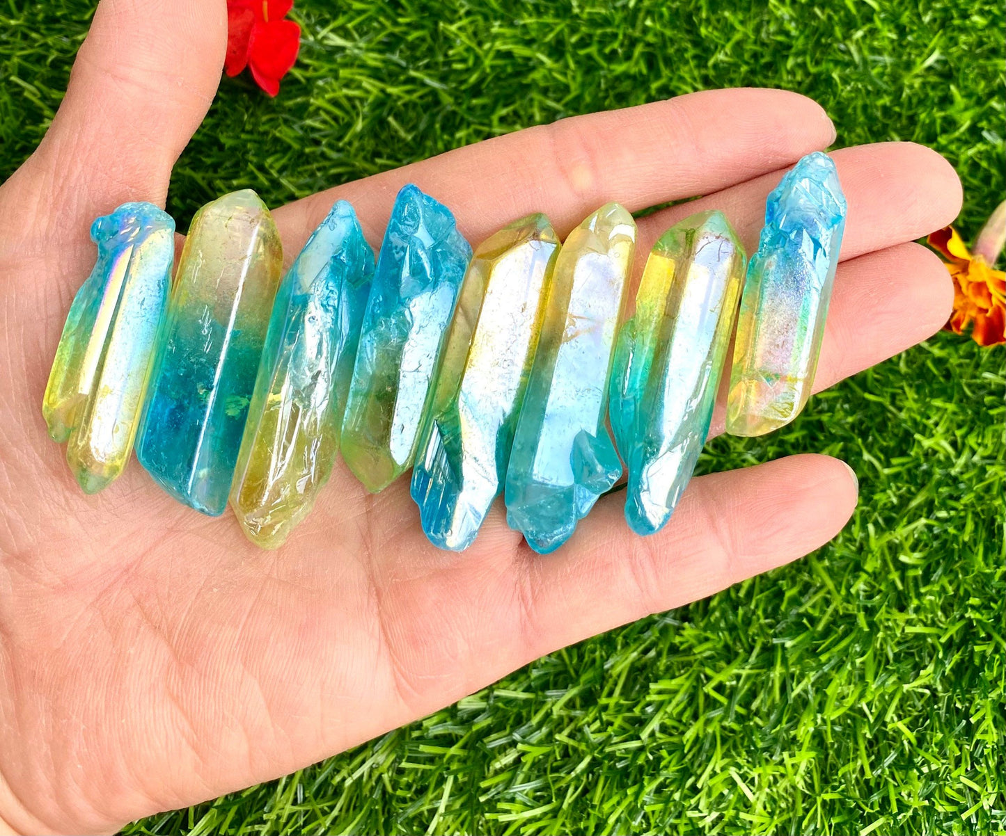 Wholesale Lot 1 Lb Rainbow Aura Quartz Wand Tumble Crystal Nice Quality