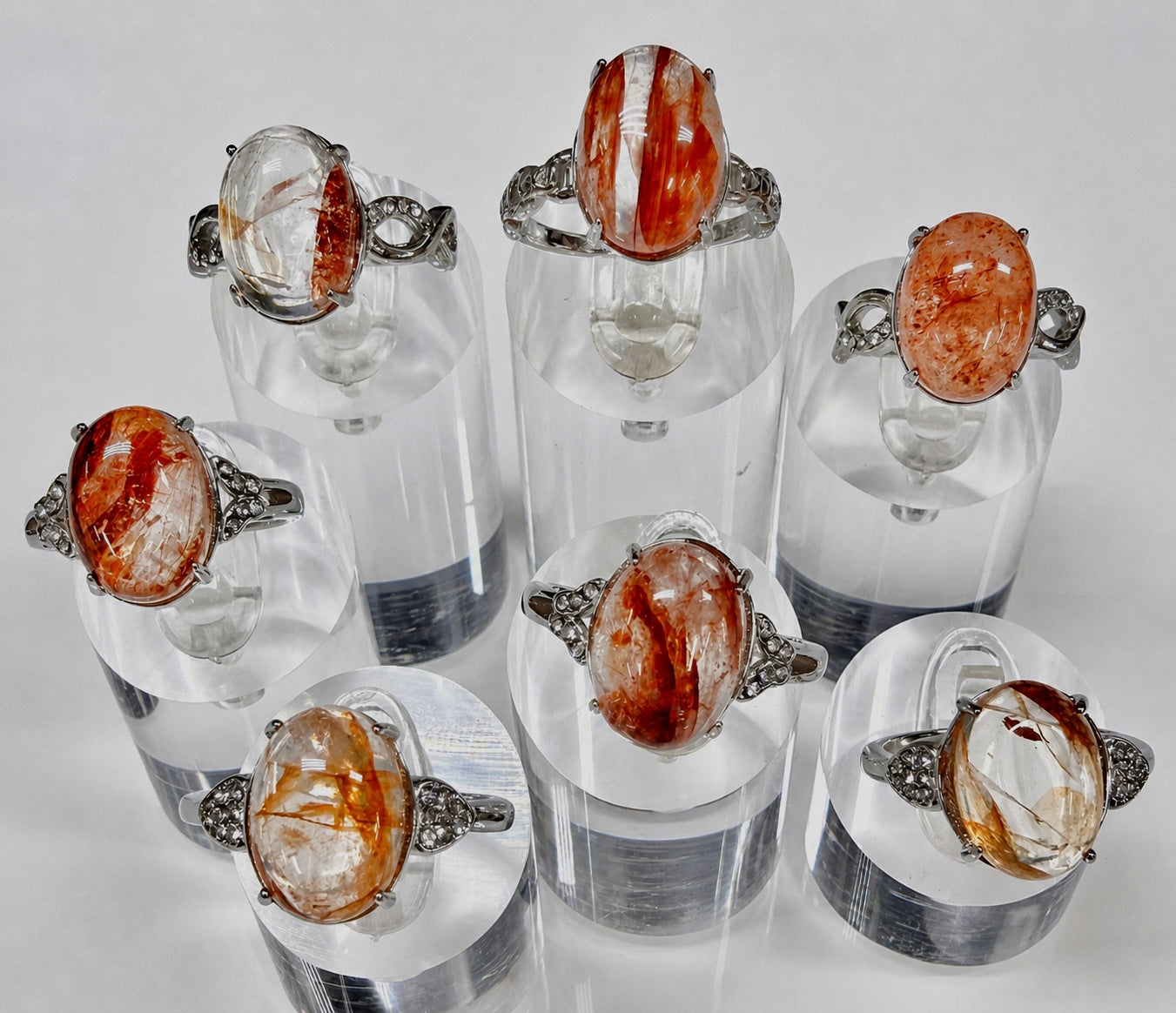 Wholesale Lot 7 pcs Natural Hematoid (Fire Quartz) Stainless Steel Ring 10x14mm
