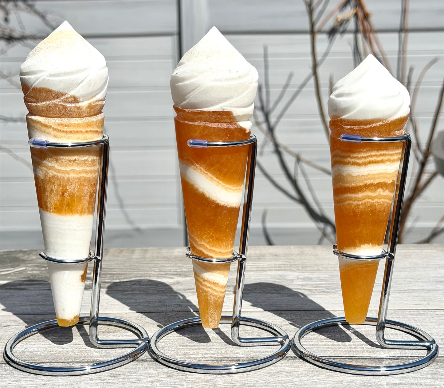 Wholesale Lot 3-4 PCs Orange Calcite Ice Cream Cone with Rhodium Metal stand