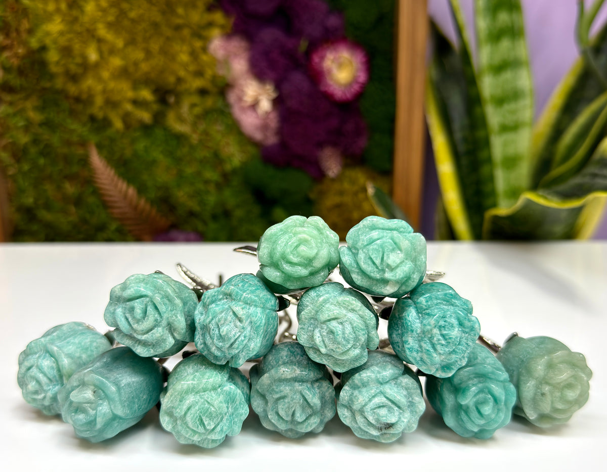 12 PCs Amazonite Rose with Rhodium Metal Stem Natural Crystal Healing Energy