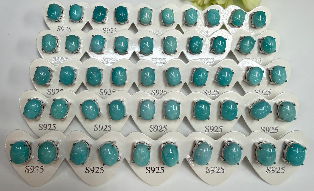 Wholesale Lot 5 Pairs Natural Amazonite Sterling Silver(925) Earring Studs 7x9mm