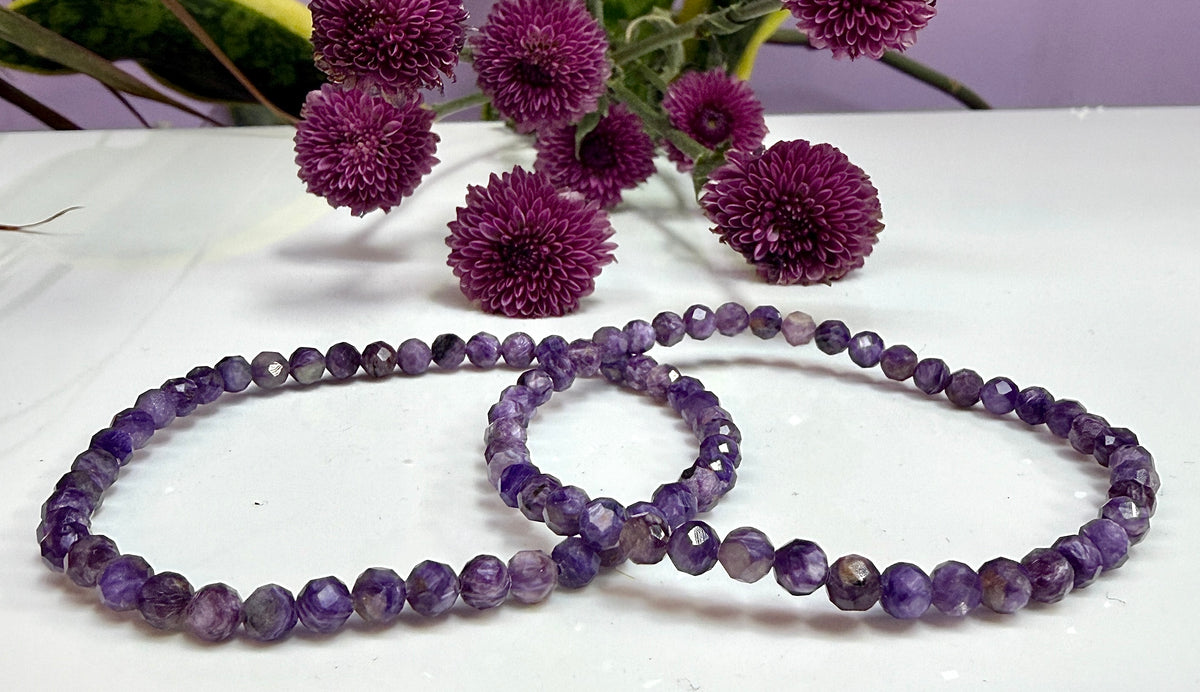 Wholesale 6 Pcs Natural Charoite Faceted Stretch Bracelets – 4mm 7.5”