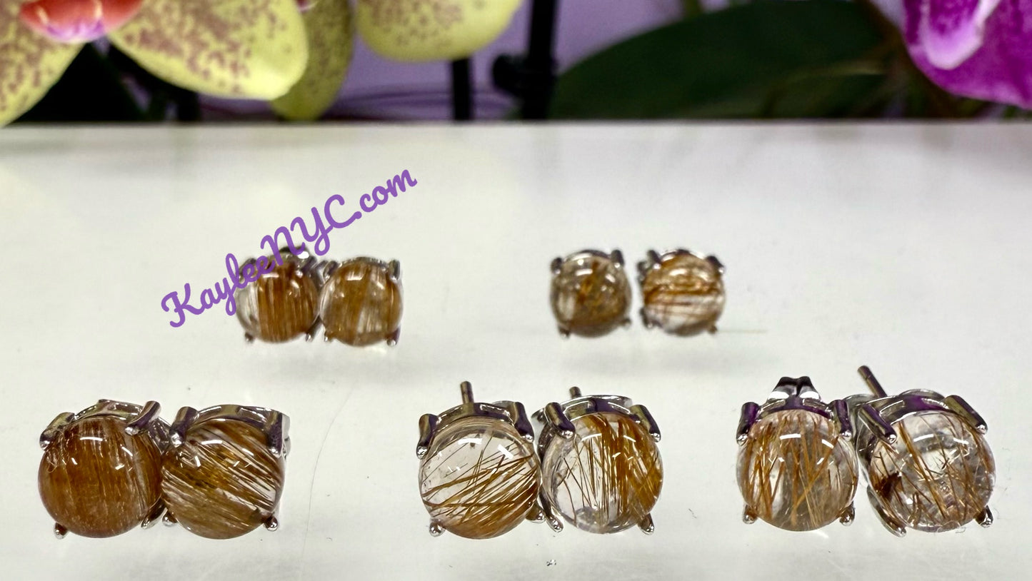 Wholesale Lot 5 Pairs Natural Rutilated Quartz Sterling Silver(925) Earring Studs 7mm round