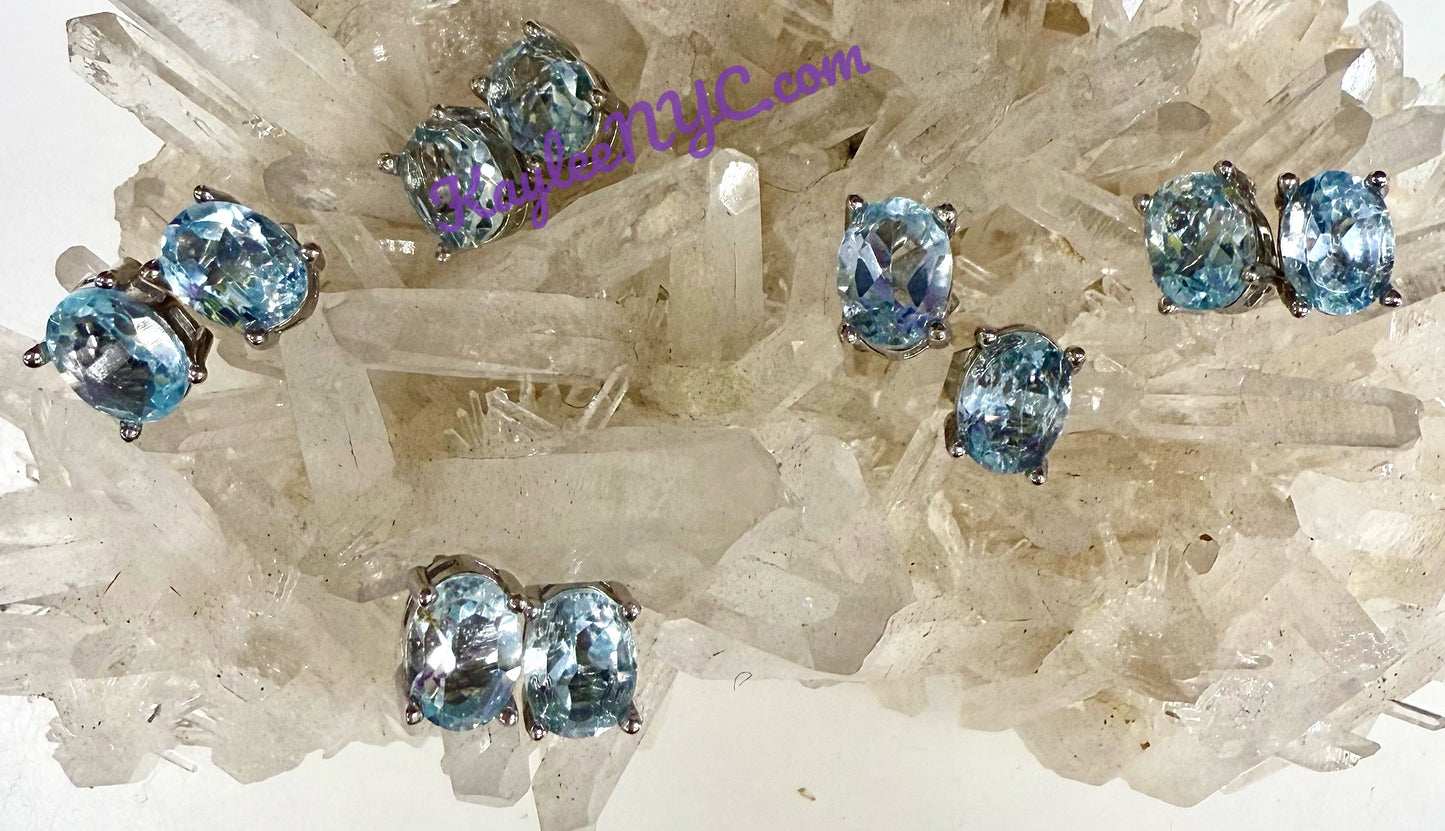 Wholesale Lot 5 Pairs Natural Blue Topaz Sterling Silver(925) Earring Studs 6x9mm