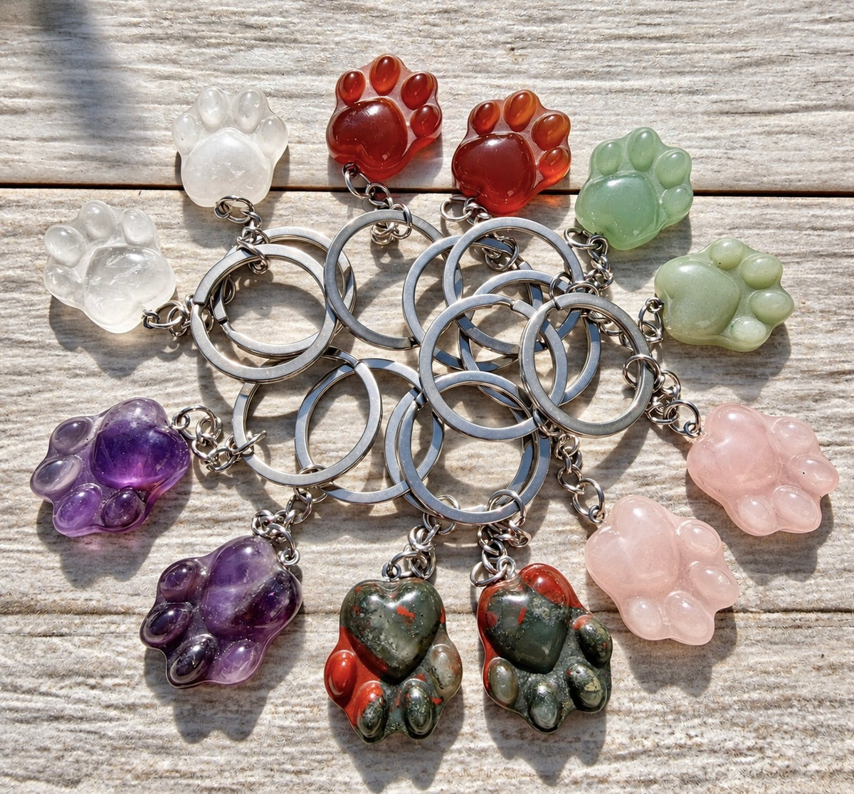 12 PCs Natural Mixed Crystals Dog Paw Print Keychain