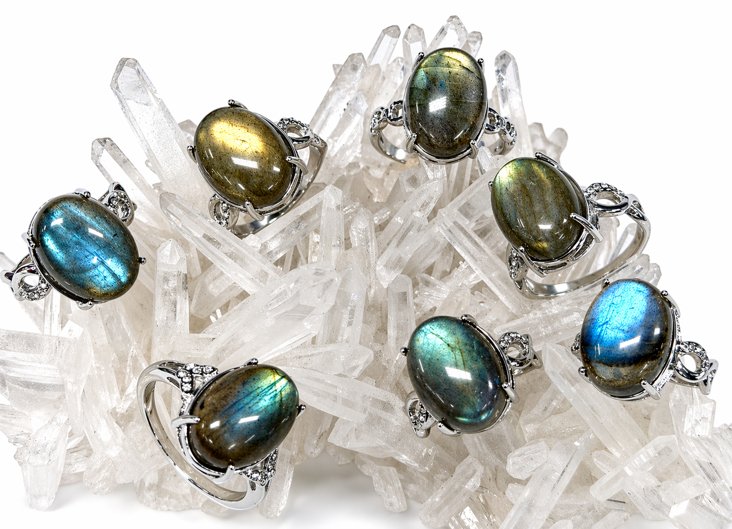 Wholesale Lot 7 pcs Natural Labradorite Stainless Steel Ring 12x16mm