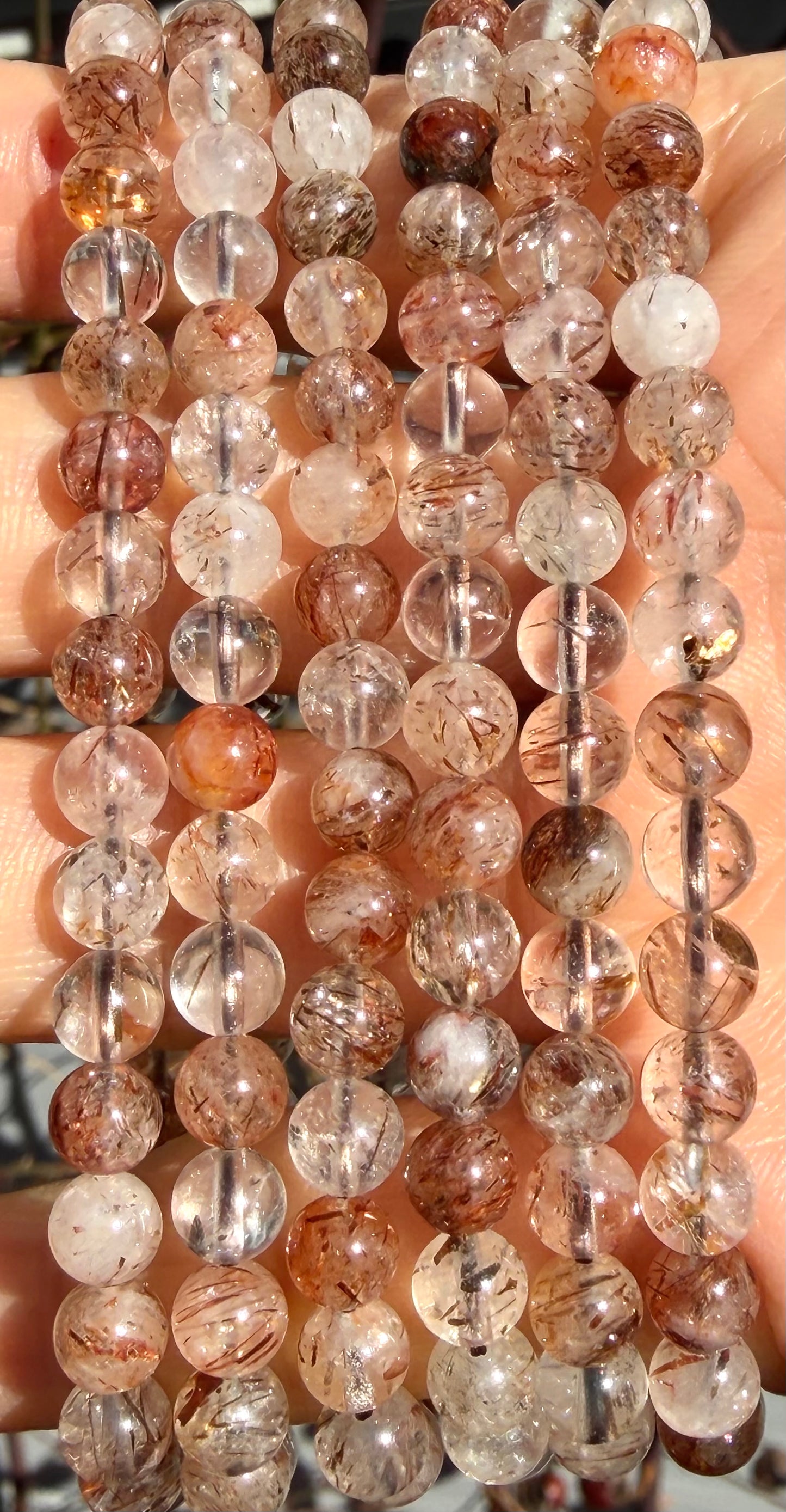 6 PCs 6mm Natural Copper Rutilated Quartz Stretch Bracelet 7.5”