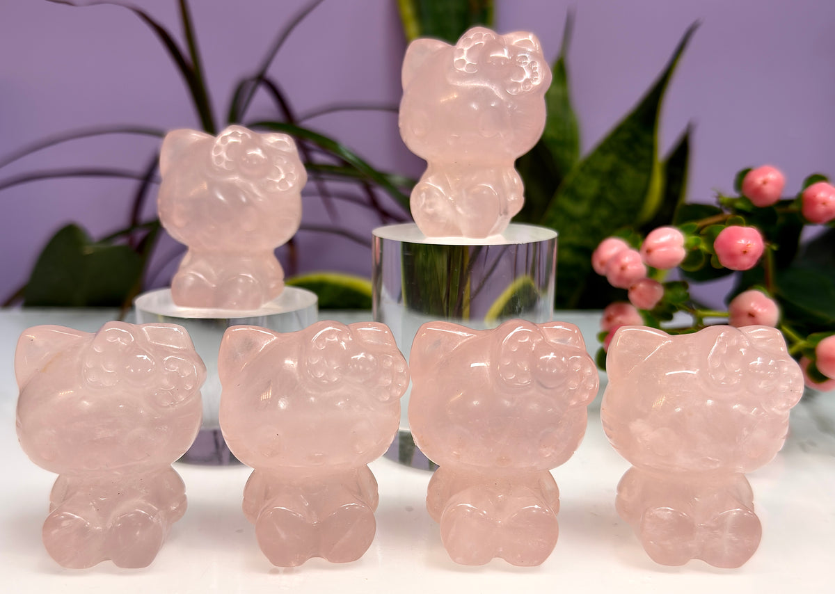 6 PCs Natural Rose Quartz Hello Kitty Crystal Healing Energy