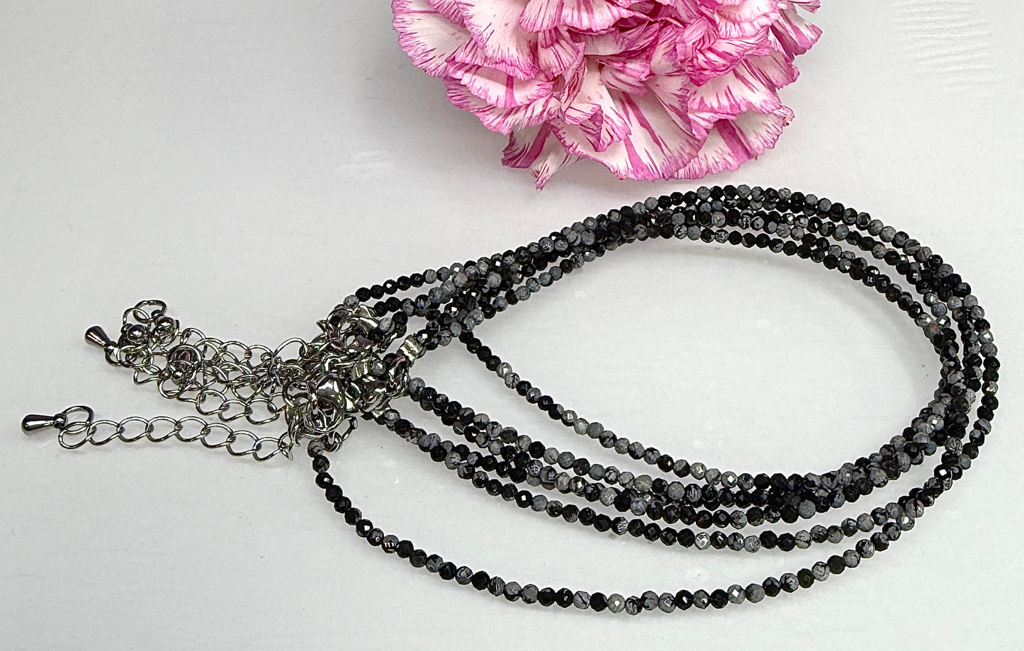 6 PCs 2mm Natural Snowflake Obsidian Anklet Crystals Healing Energy
