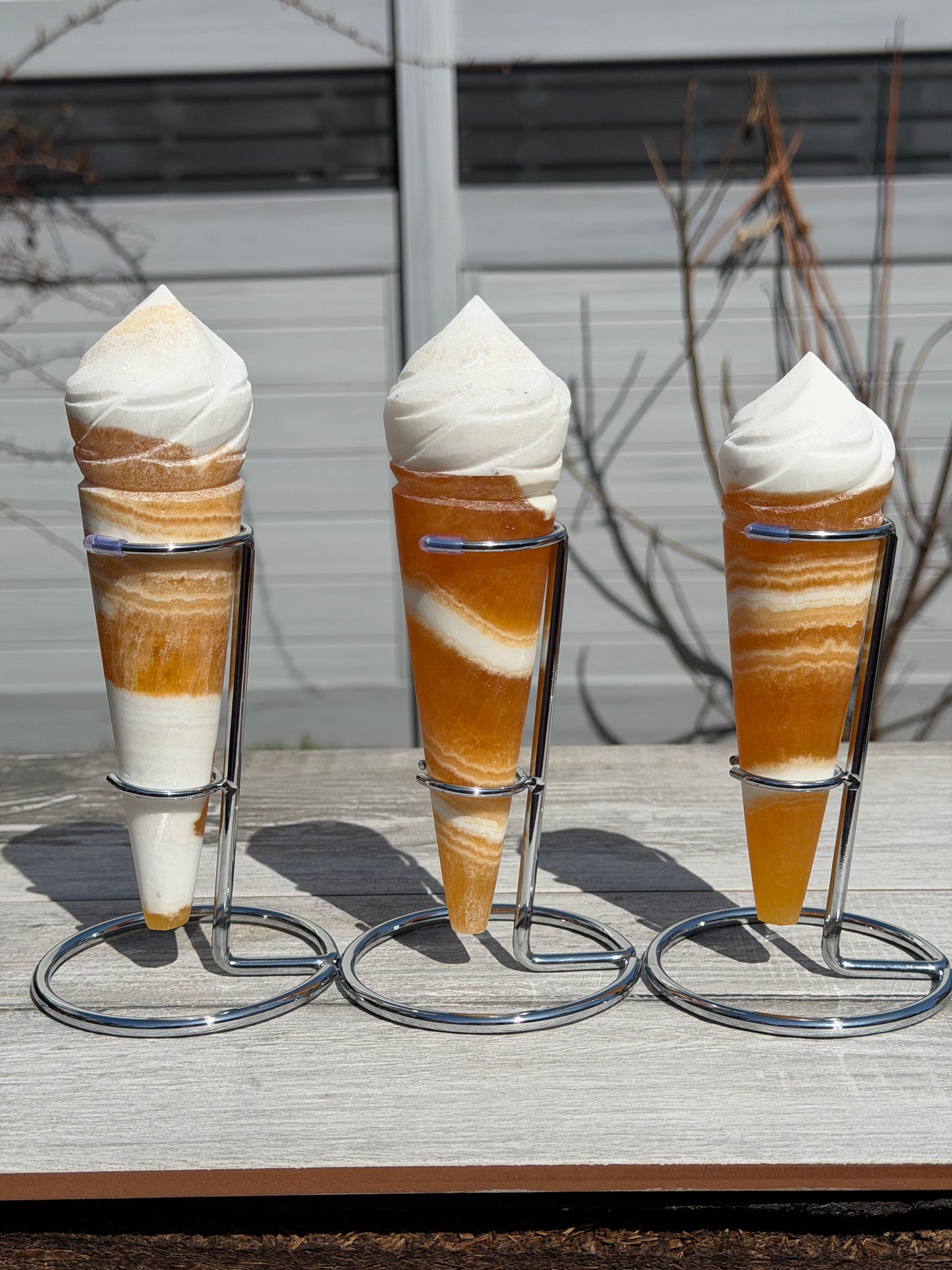 Wholesale Lot 3-4 PCs Orange Calcite Ice Cream Cone with Rhodium Metal stand