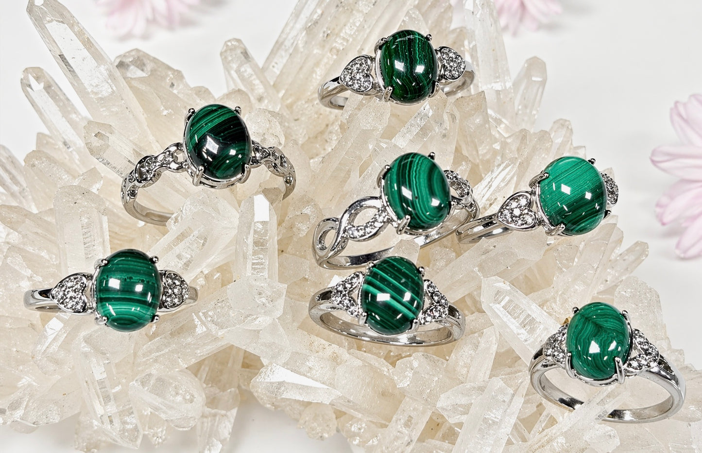 Wholesale Lot 7 pcs Natural Malachite Stainless Steel Ring 8x10mm