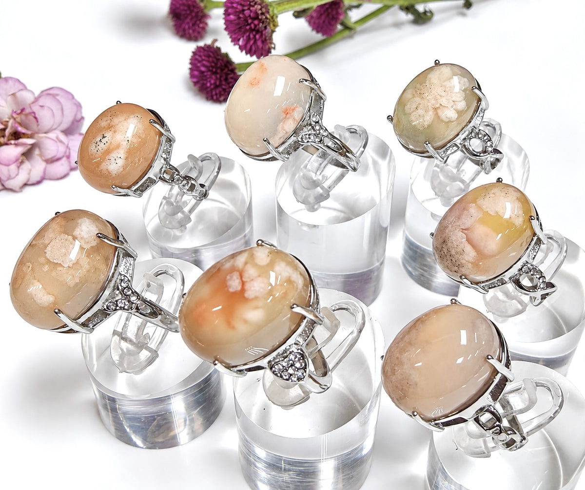 Wholesale Lot 7 pcs Natural Flower Agate Stainless Steel Ring 13x18mm