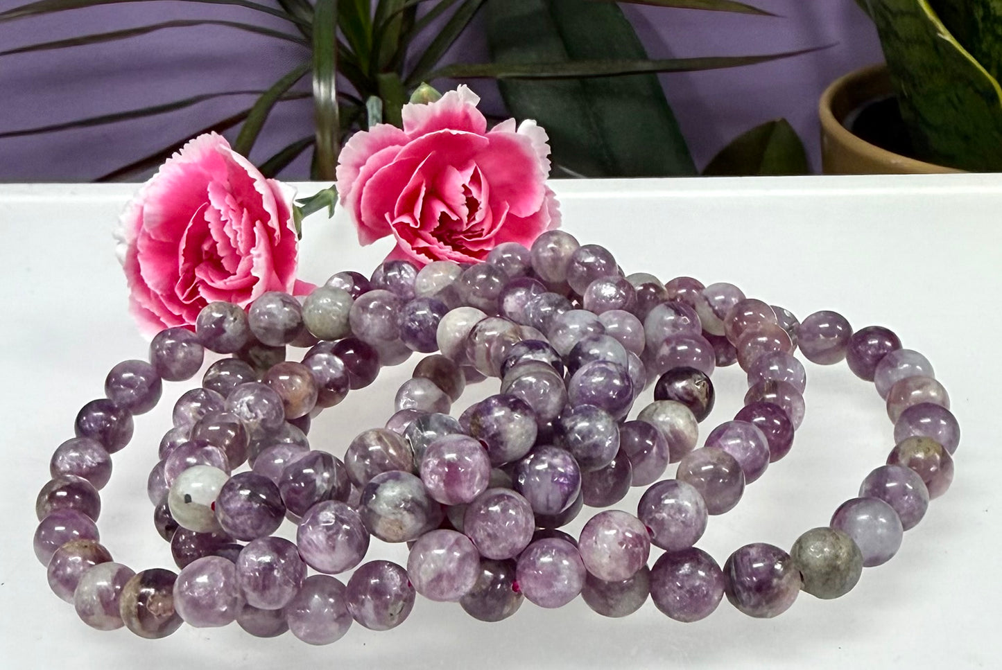 6 PCs Natural Lepidolite Mica 8mm 7.5” Stretch Bracelet
