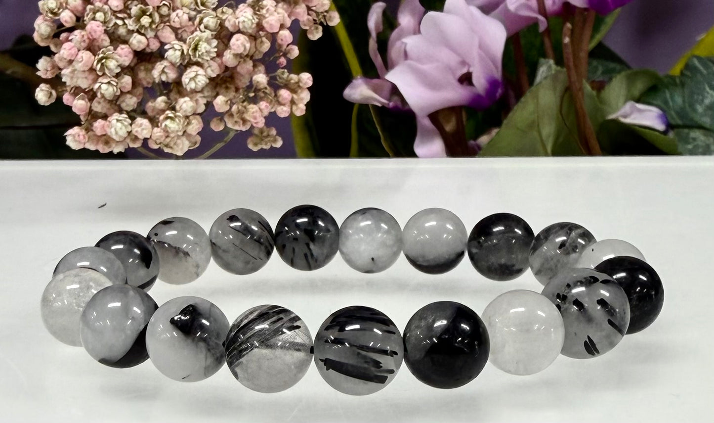 Wholesale Lot 6 Pcs Natural Tourmalinated Quartz 10mm 7.5” Crystal Healing Stretch Bracelet