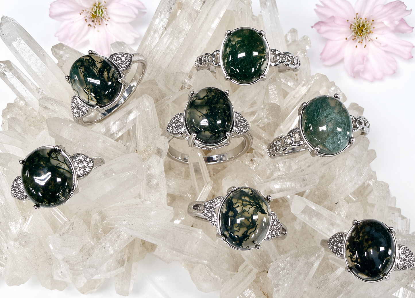 Wholesale Lot 7 pcs Natural Moss Agate Stainless Steel Ring 10x12mm