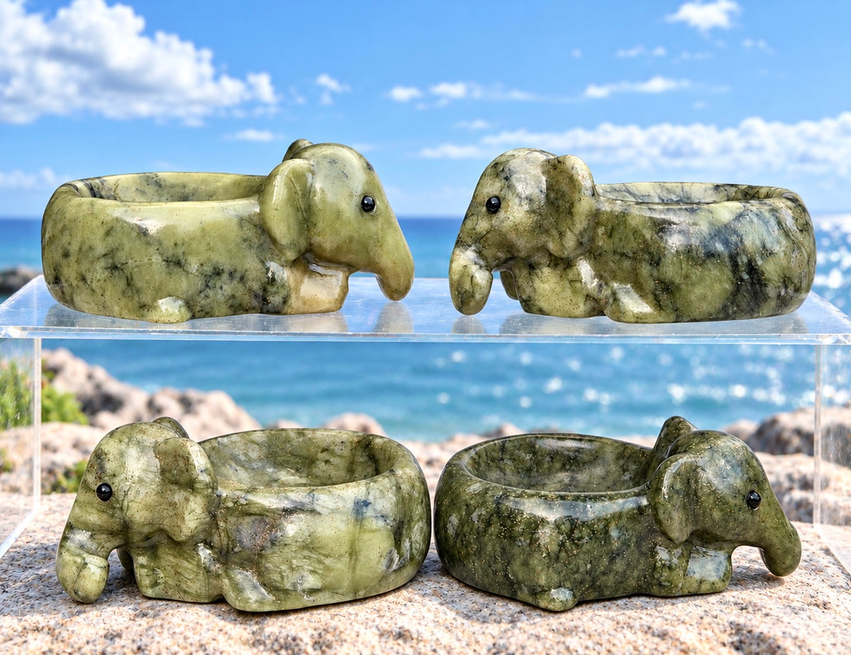 4 PCs Natural Nephrite Jade Bowl Crystal Elephant