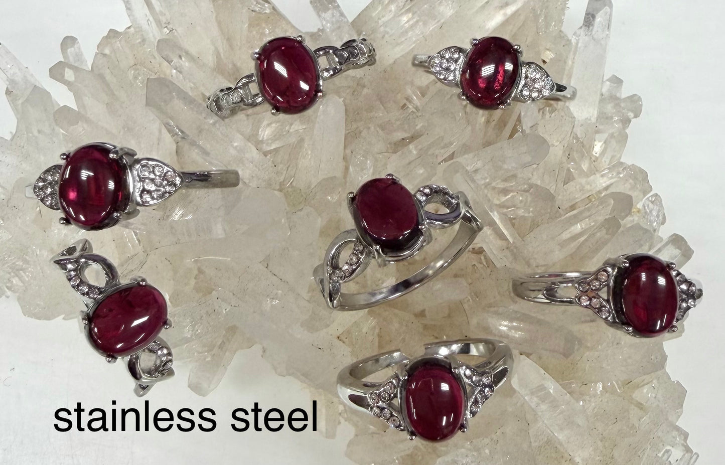 Wholesale Lot 6 pcs Natural Garnet Stainless Steel Ring 7x9mm