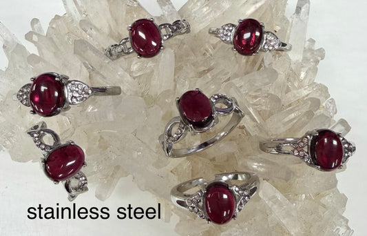 Wholesale Lot 6 pcs Natural Garnet Stainless Steel Ring 7x9mm