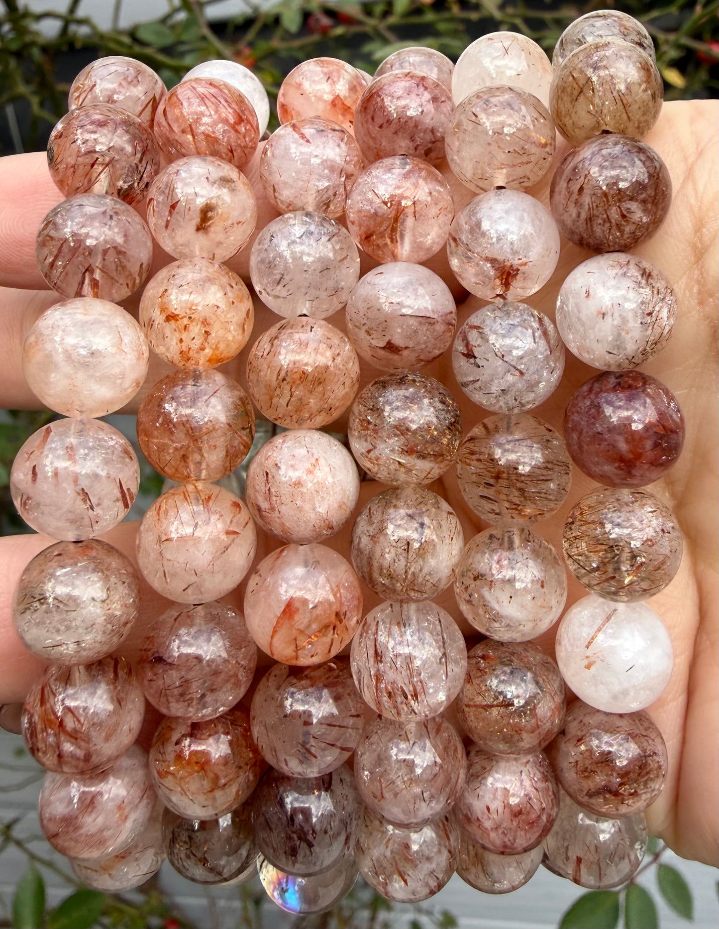 6 PCs 10mm Natural Rutilated Quartz Crystal Stretch Bracelet 8”