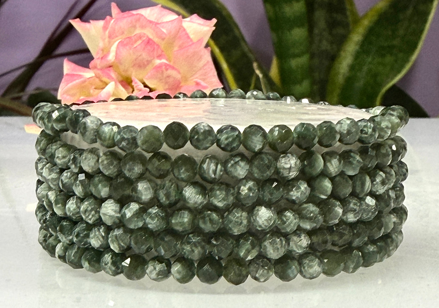 Wholesale 6 Pcs 4mm Seraphinite Faceted Natural Crystal Stretch Bracelet 7.5" (Russia)