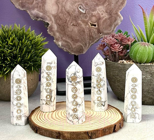 Wholesale Lot 1 Lb Natural Howlite Etched Chakra Obelisk Point Crystal Healing Energy