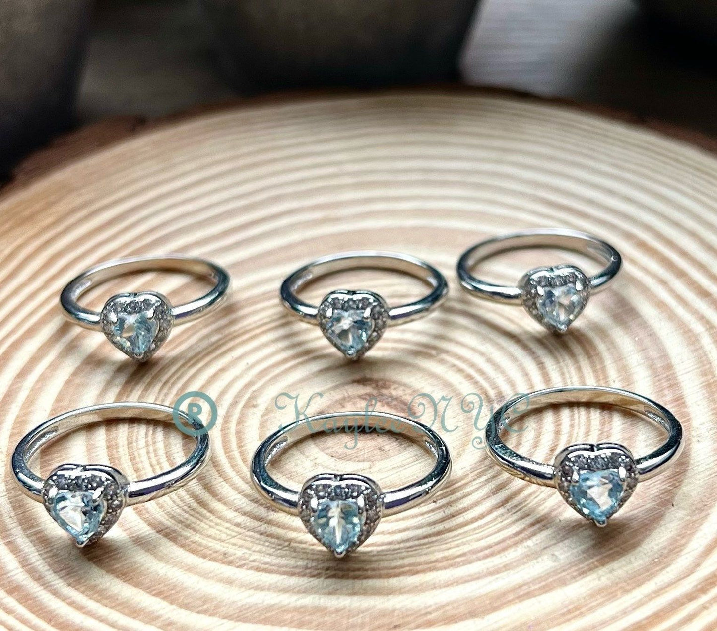 Wholesale Lot 6 pcs Natural Aquamarine Heart Ring White Bronze