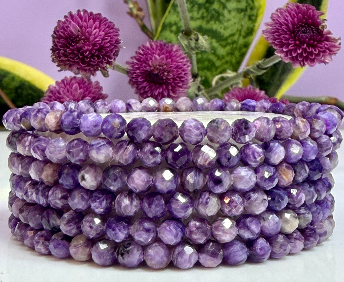 Wholesale 6 Pcs Natural Charoite Faceted Stretch Bracelets – 4mm 7.5”