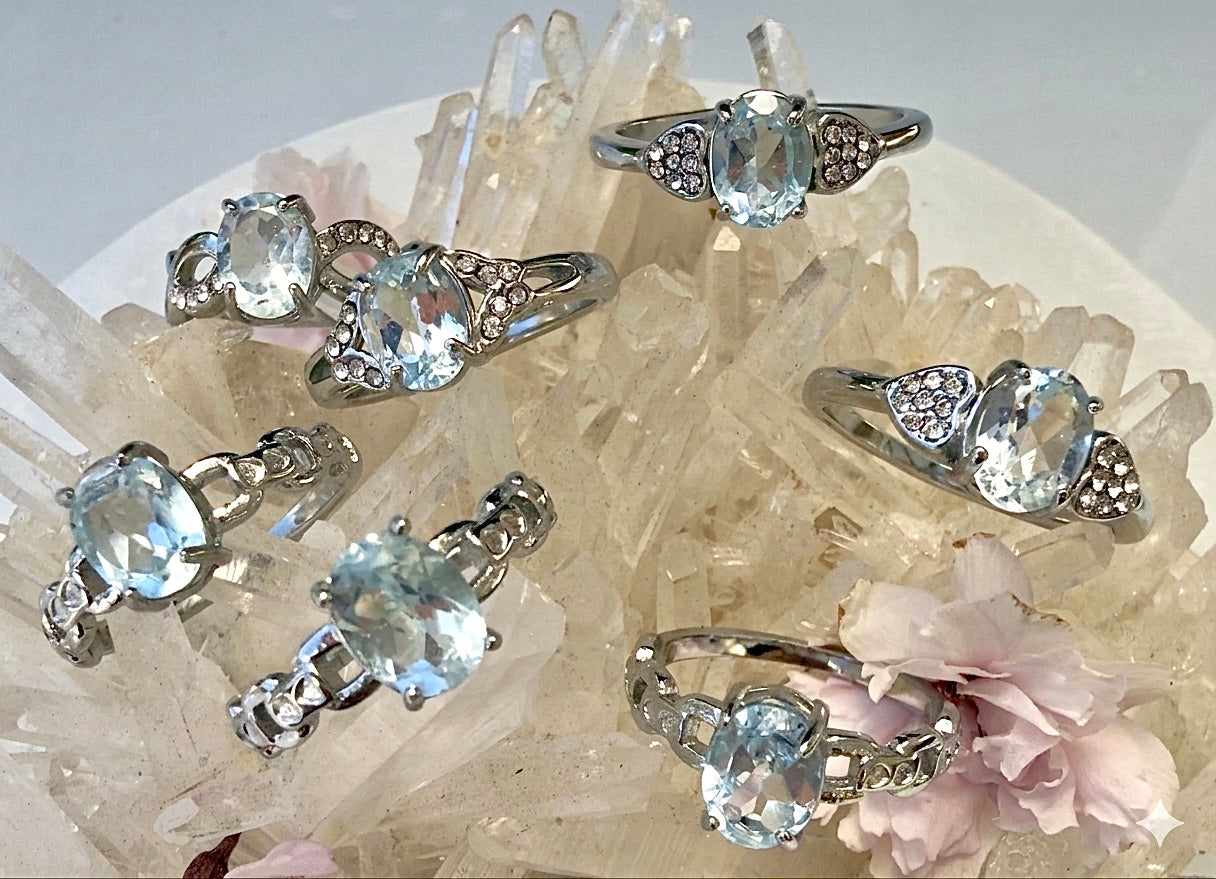 Wholesale Lot 7 pcs Faceted Natural Blue Topaz Stainless Steel Ring 7x9mm