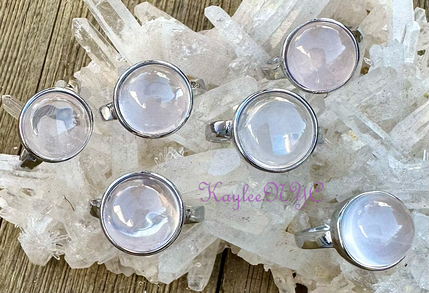 7 PCs Natural Rose Quartz White Bronze Ring