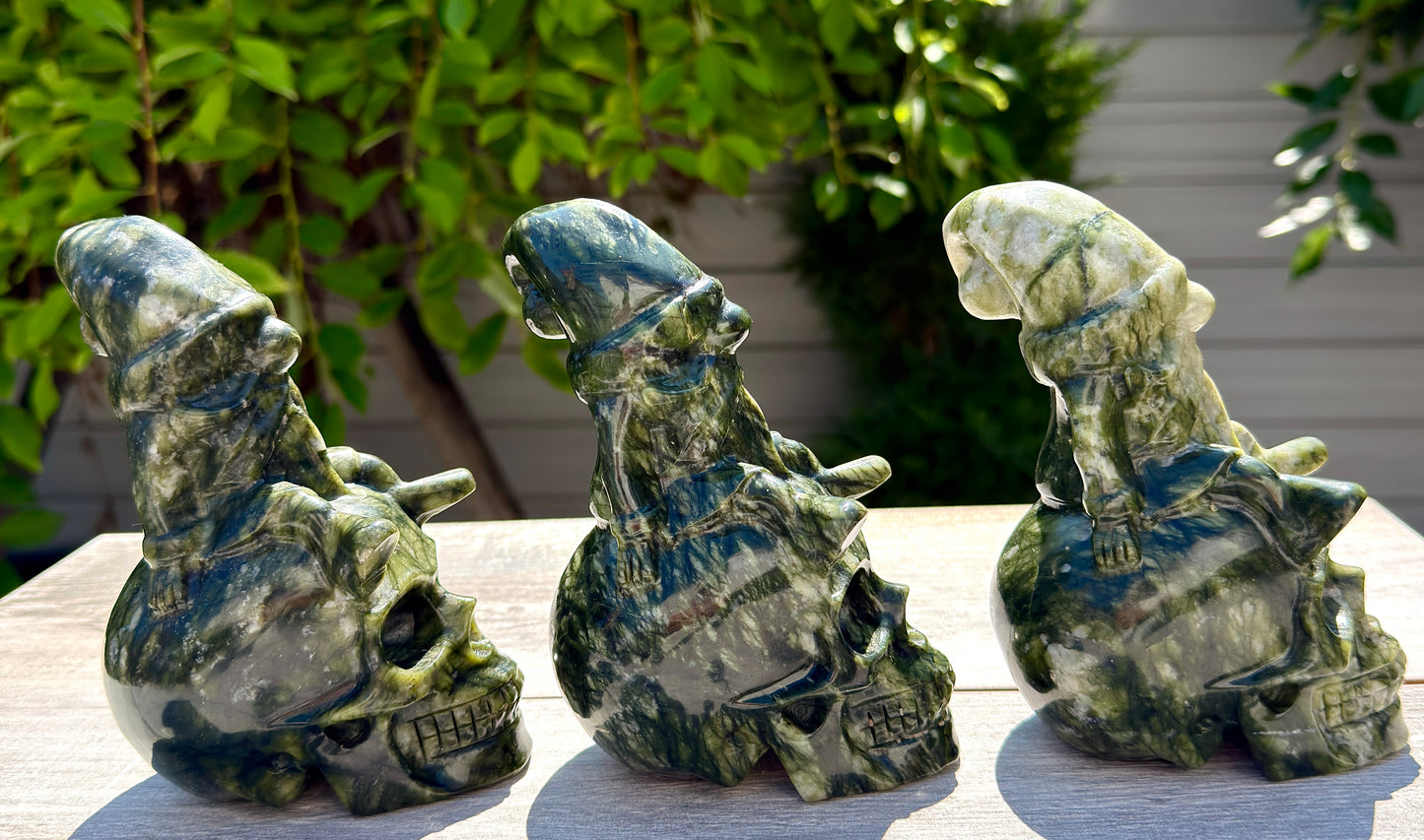 3 PCs Natural Nephrite Jade Skull Gnome Crystals Healing Energy