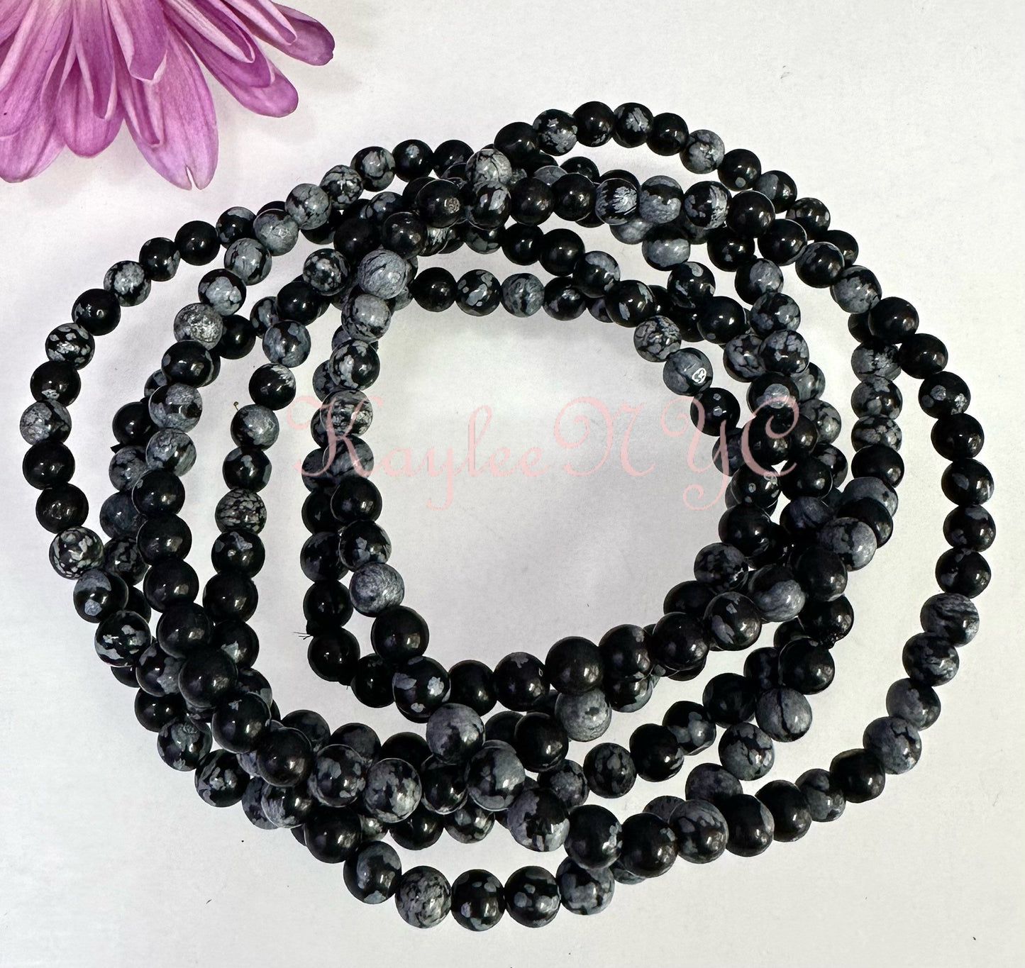 Wholesale Lot 6 Pcs Natural Snowflake Obsidian 4mm 7.5” Crystal Healing Stretch Bracelet