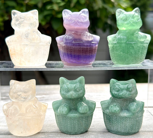 6 PCs 6cm Natural Crystals Cat in Basket Carving Healing Energy