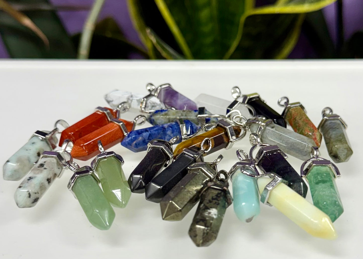 Wholesale Lot 24 Pcs Natural Crystal Point Pendant – Mixed Stones – Rhodium Plated
