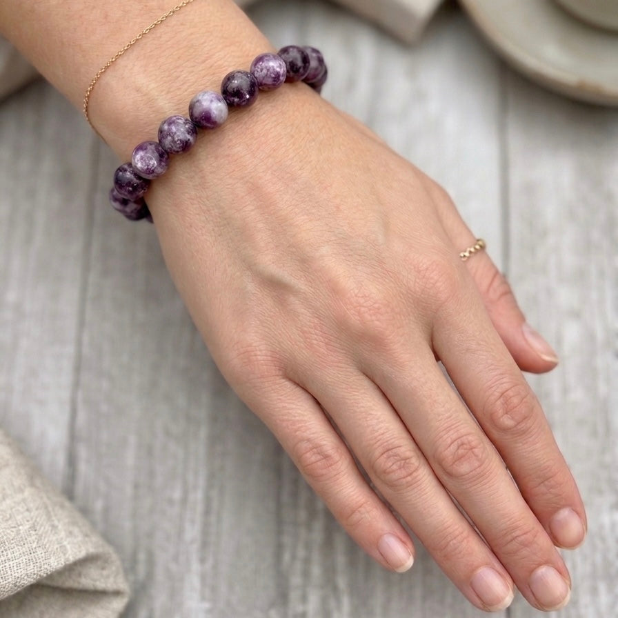 6 PCs Natural Lepidolite Mica 8-9.8mm 7.5” Stretch Bracelet