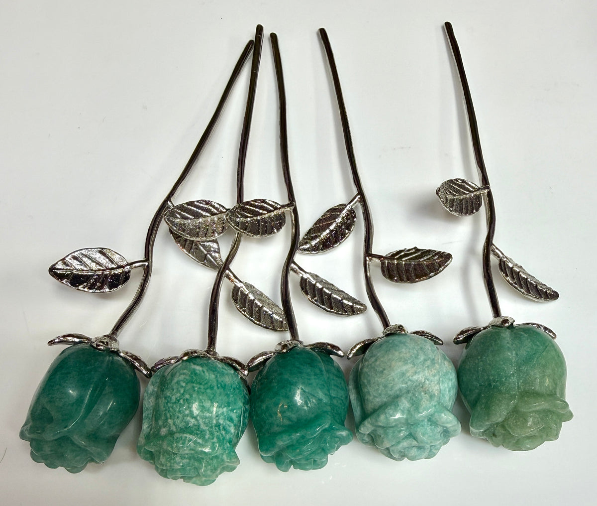 12 PCs Amazonite Rose with Rhodium Metal Stem Natural Crystal Healing Energy