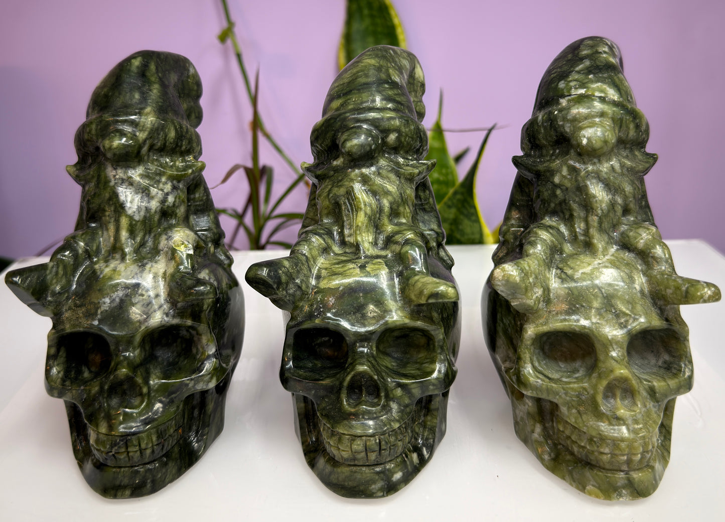 3 PCs Natural Nephrite Jade Skull Gnome Crystals Healing Energy