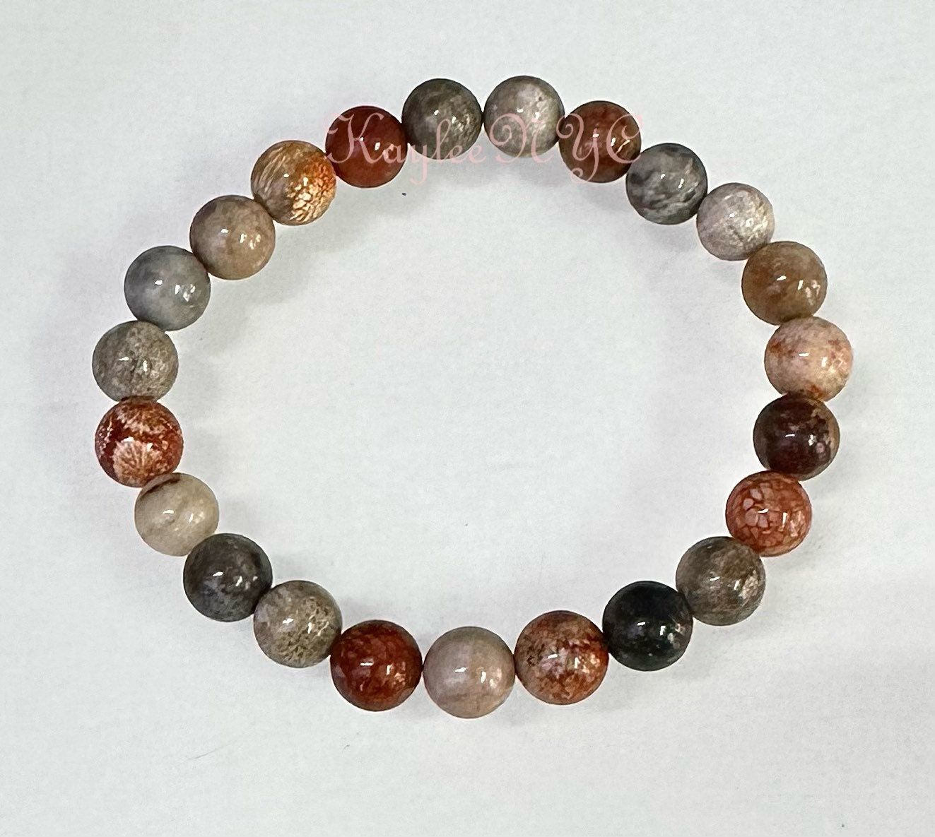 Wholesale 6 Pcs Natural Fossil Coral 8mm 7.5” Crystal Healing Stretch Bracelet