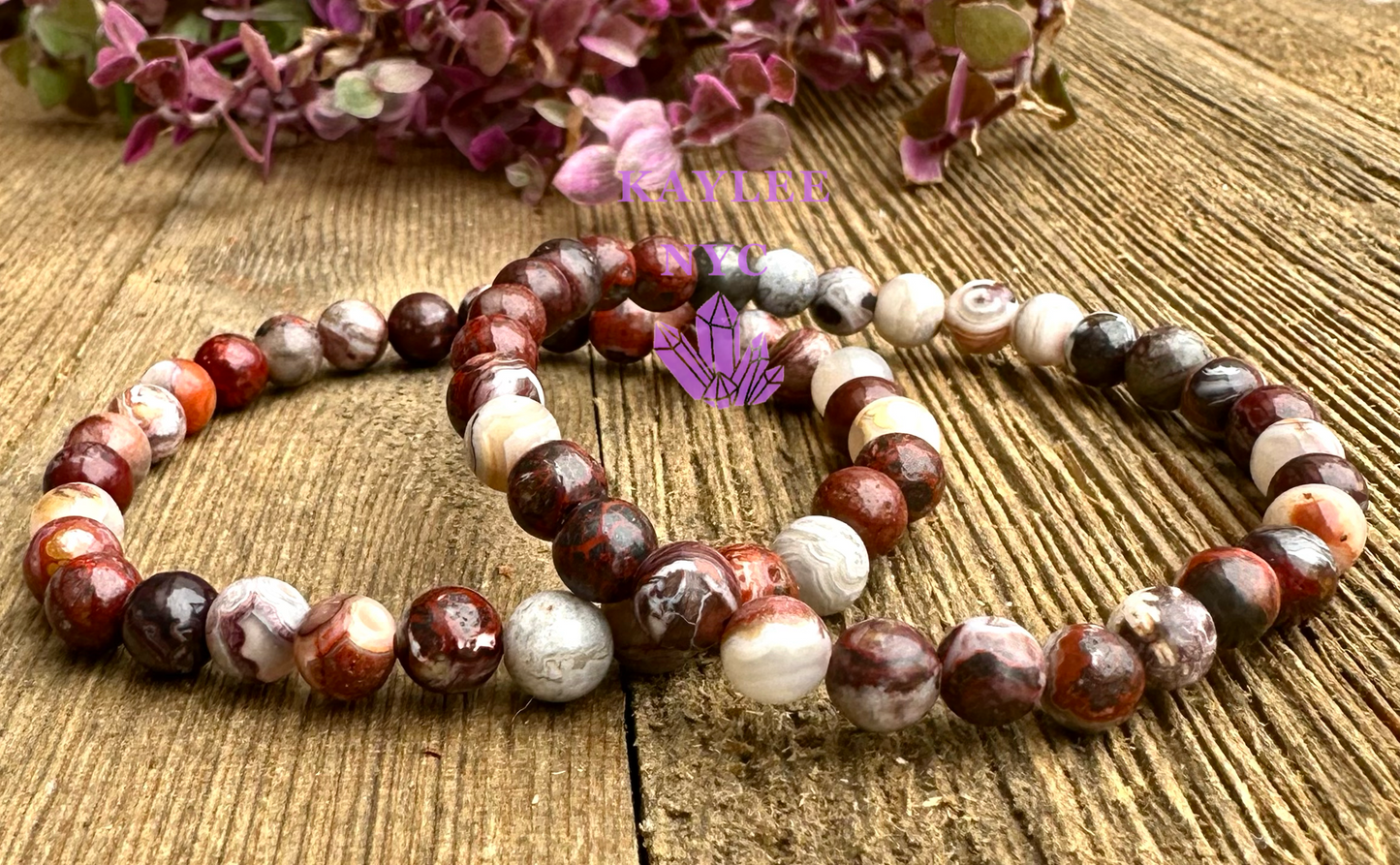 6 PCs 6mm Natural Mexican Lace Agate Stretch Bracelet