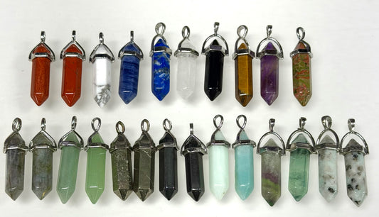 Wholesale Lot 24 Pcs Natural Crystal Point Pendant – Mixed Stones – Rhodium Plated