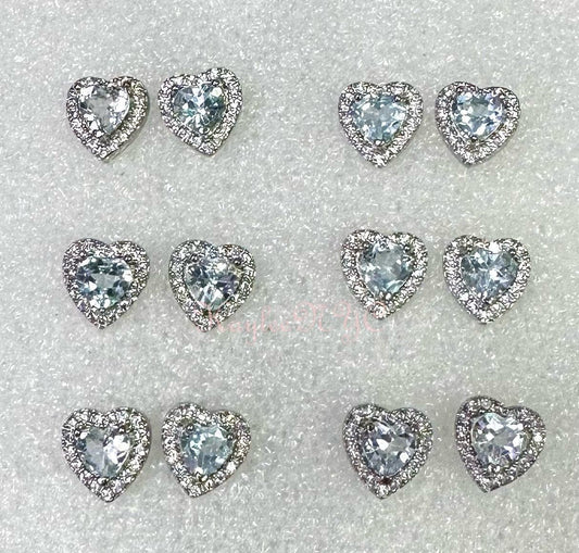 Wholesale Lot 6 Pairs Natural Aquamarine Heart Sterling Silver(925) Earring Studs