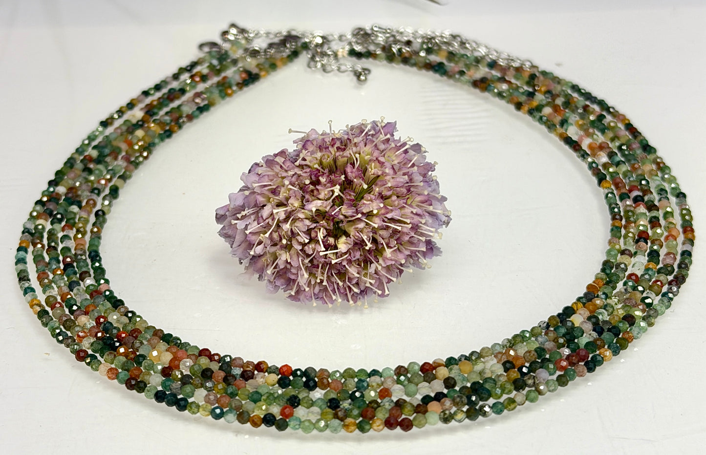 6 PCs 2mm Faceted Indian Moss Agate Necklace Stainless Steel Findings