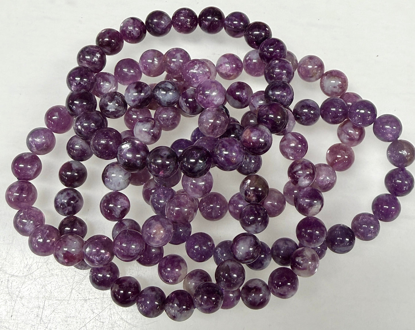 6 PCs Natural Lepidolite Mica 8-9.8mm 7.5” Stretch Bracelet