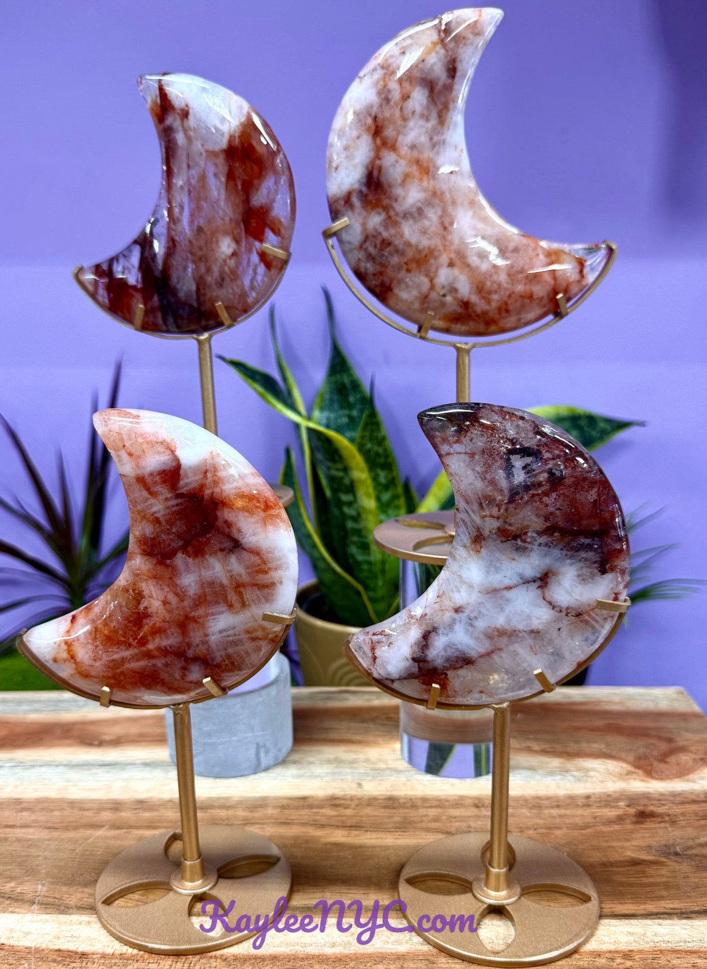 Wholesale Lot 3 PCs Natural Hematiod Fire Quartz Moon w/stand Healing Energy