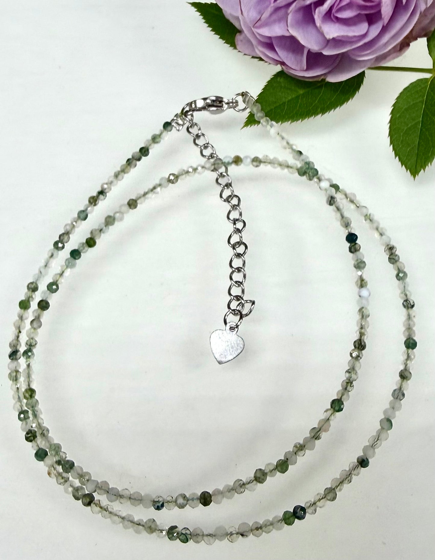 6 PCs 2mm Faceted Natural Moss Agate Necklaces Stainless Steel Findings