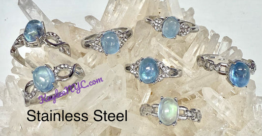 Wholesale Lot 6 pcs Natural Aquamarine Stainless Steel Ring 6x8mm