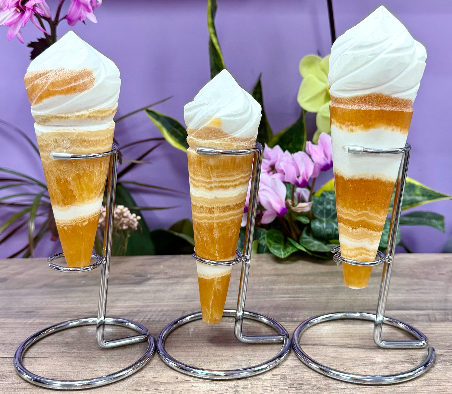 Wholesale Lot 3-4 PCs Orange Calcite Ice Cream Cone with Rhodium Metal stand