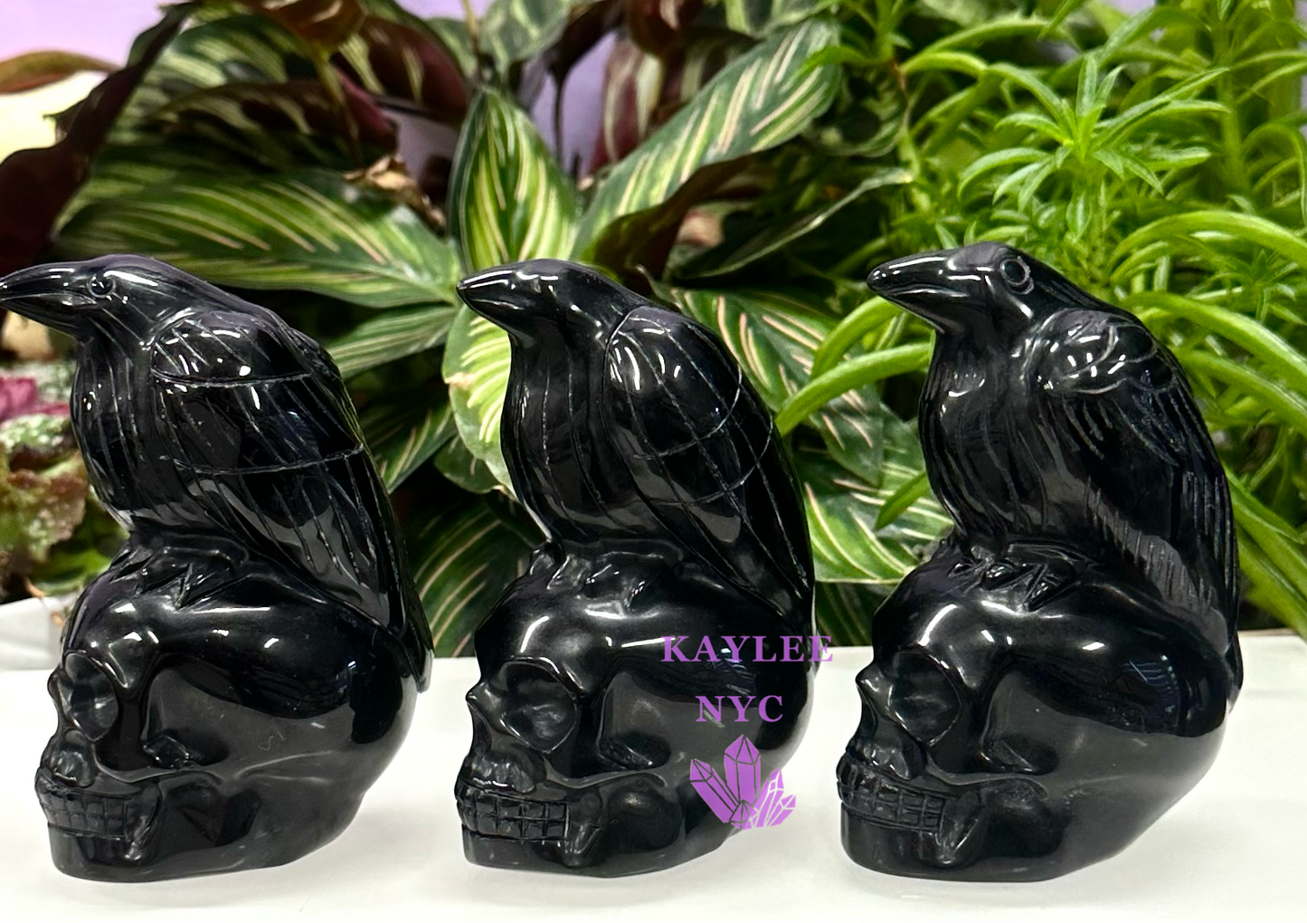 3 PCs Natural Black Obsidian Crow Skull