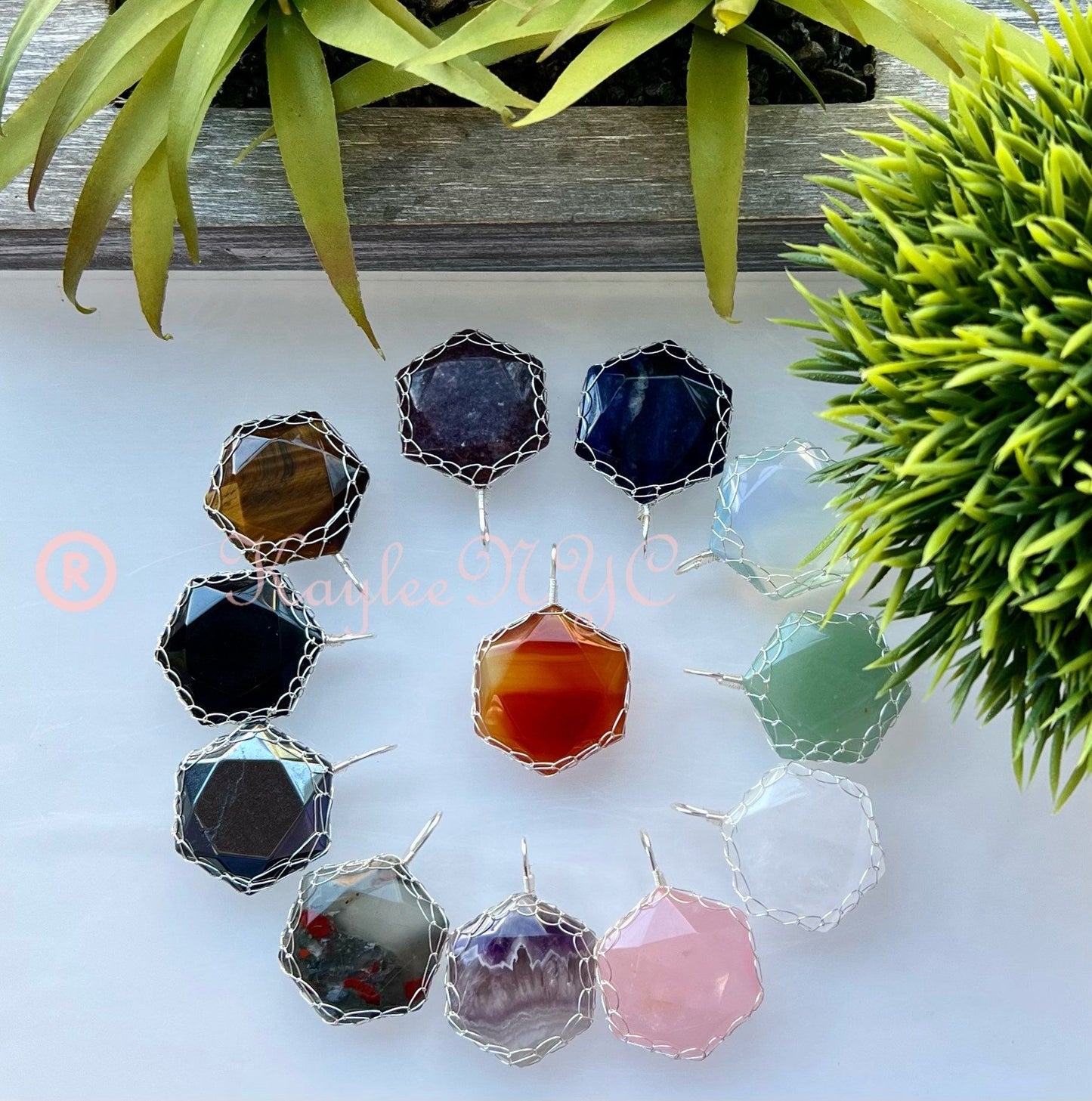 Wholesale Lot 12 Pcs Hexagon Hand Wrapped Pendant Crystal Healing Energy