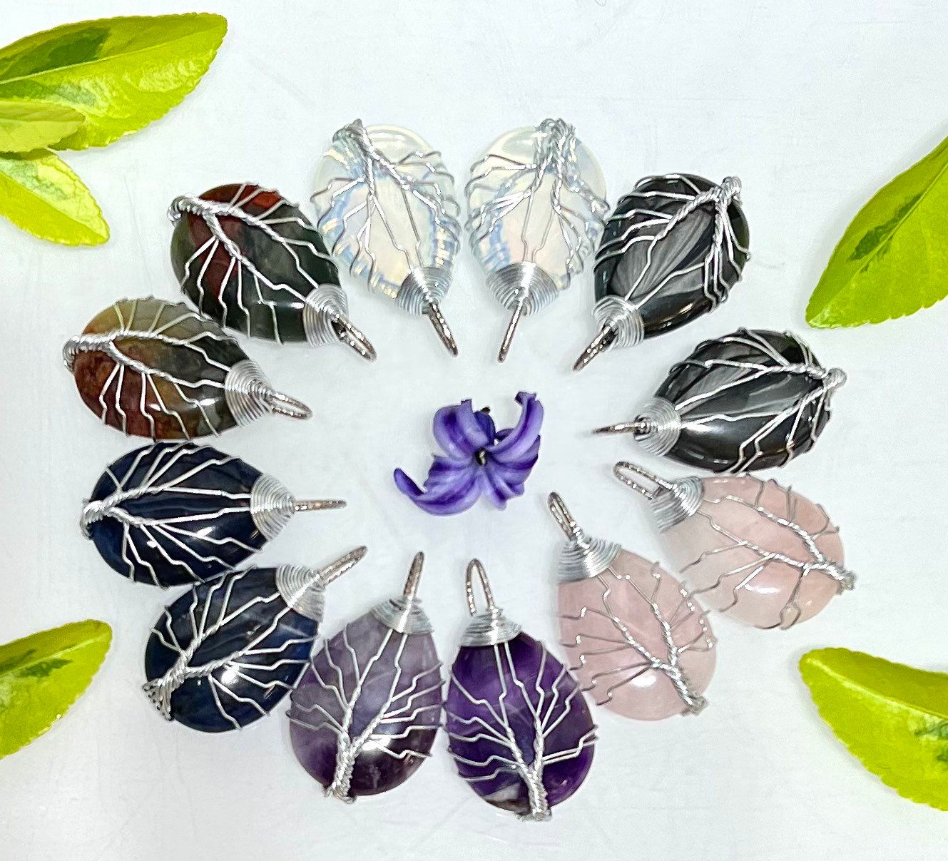 Wholesale Lot 12 Pcs Tree Of Life Hand Wrapped Pendant Natural Crystal